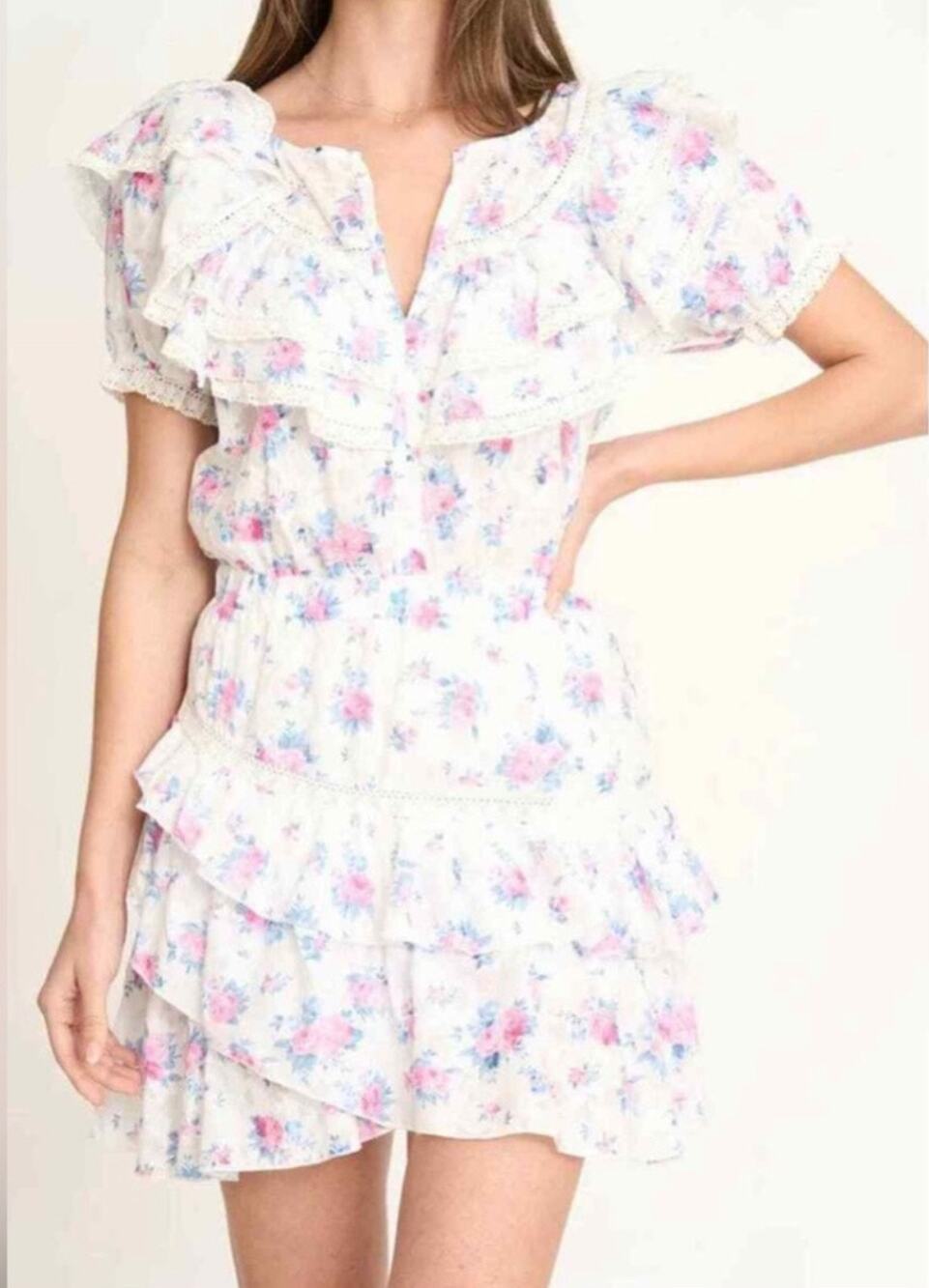 Fanco Floral Ruffle Detail Dress Size L Large Pink Multi
